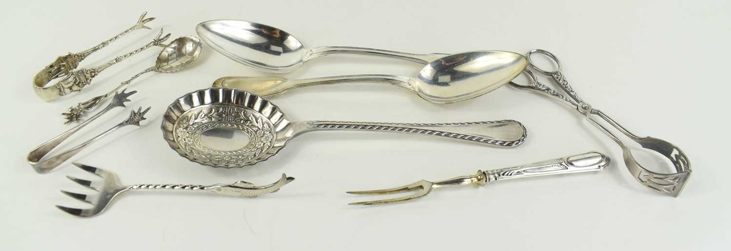 Two silver continental serving spoons, marked 800, 3.80toz, together with WMF 80-15 fish fork,