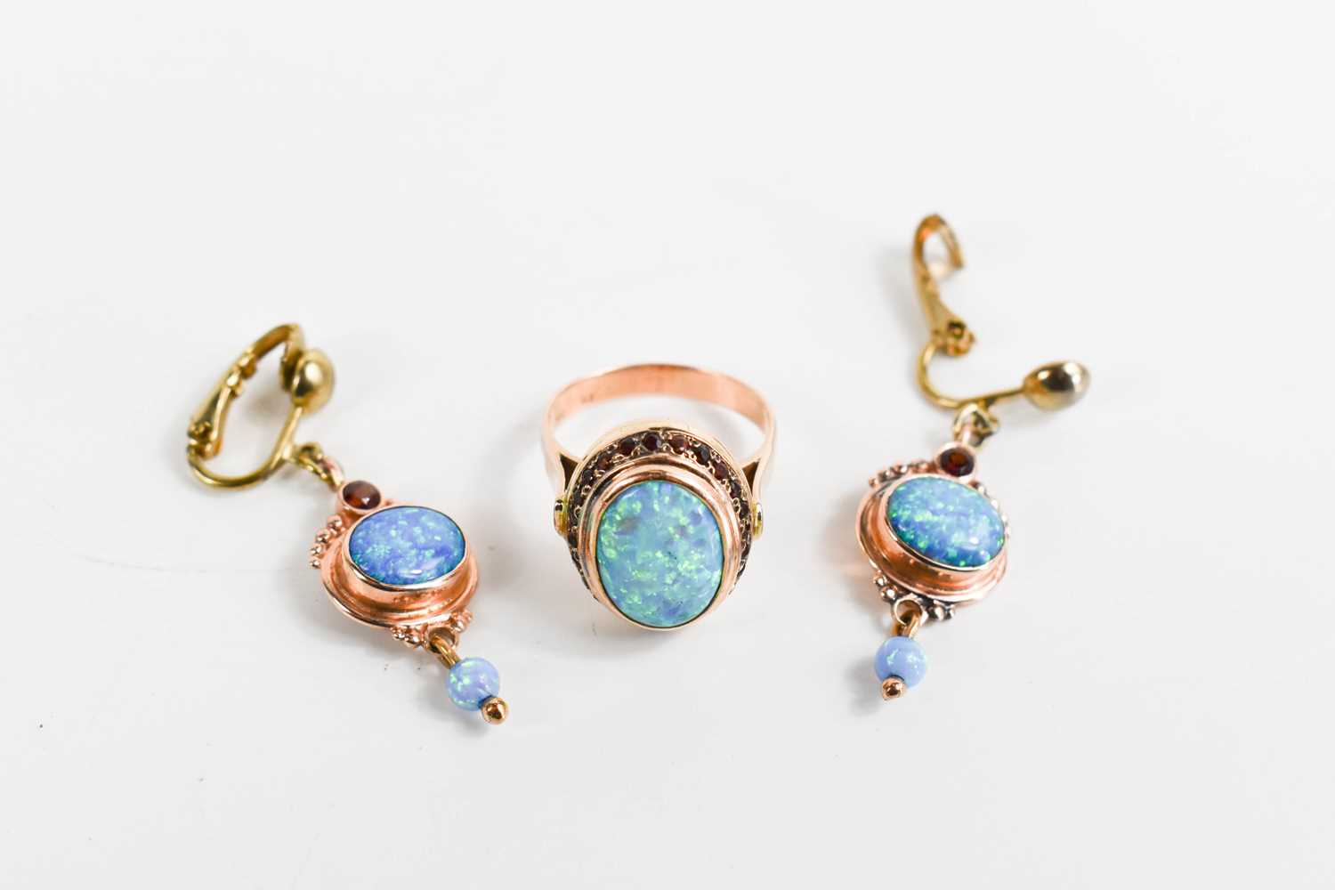 A 14ct gold, black opal and garnet ring, size O, 7.3g, and a pair of matching drops, set on base - Image 3 of 8