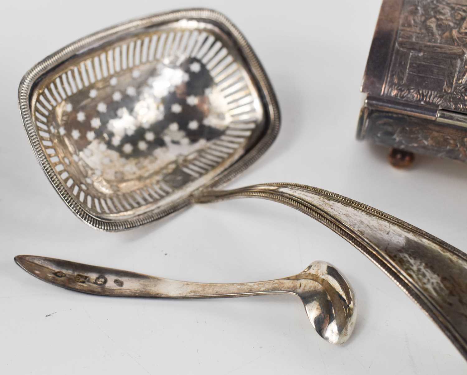 A group of Dutch silver to include a mustard spoon, sifter with star pierced bowl, sugar tongs, - Image 2 of 4