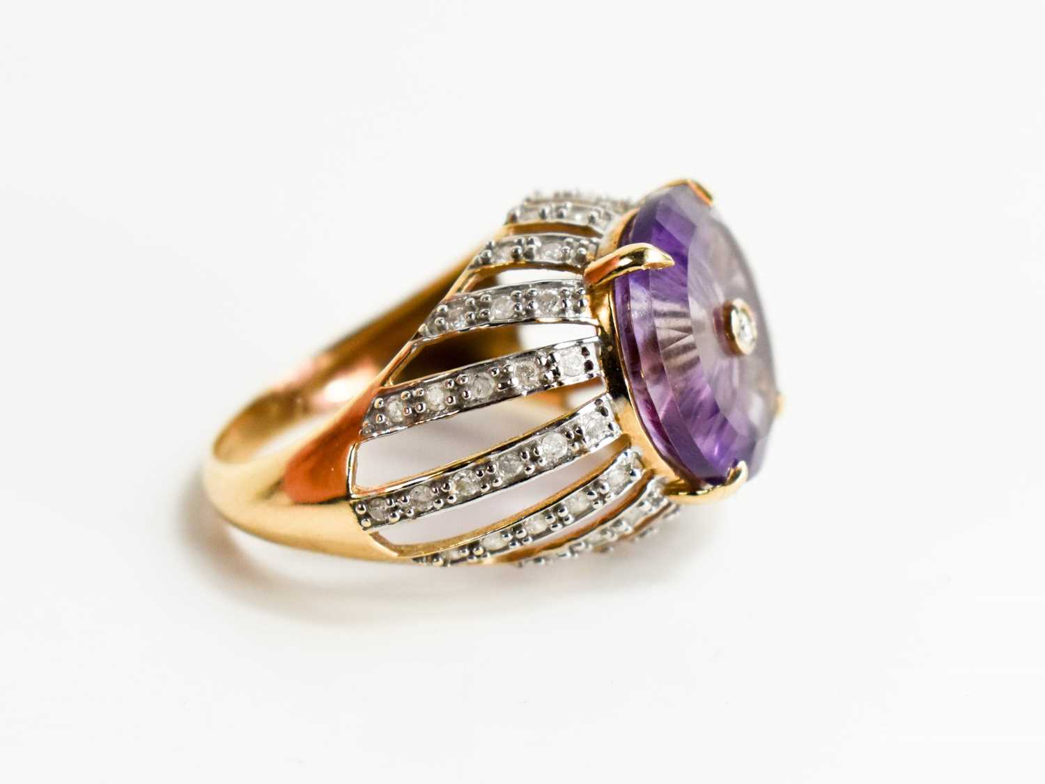 A Lehrer 9ct gold and Torusring amethyst and diamond ring, size O, 5.4g. - Image 6 of 7