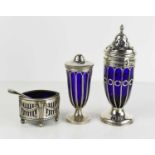 A silver sugar sifter, with the original Bristol blue glass liner, Birmingham 1906, Deakin