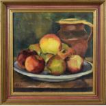 Avril Young (20th century): Apples, oil on canvas, initialled AV '90 lower left.