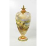 A Royal Worcester vase by Harry Davis, finely painted with sheep in mountain landscape, puce mark to