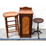 An Edwardian mahogany pot cupboard together with a pine kitchen stool and a mahogany occasional