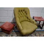 A Victorian button back nursing chair together with an oak stool and Victorian foot rest.This lot is