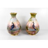 A pair of W. Birbeck for George Jones Crescent China vases, each painted with peacocks and roses, on