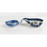 Two early 19th century blue and white pap boats, one in Chinese landscape pattern, the other with