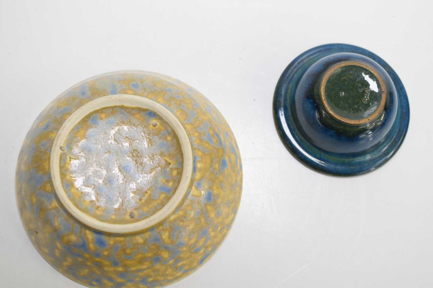 A small Ruskin bowl with yellow underglaze and mottled blue overglaze indistinctly dated 1927 and - Image 2 of 2