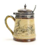 Hannah Barlow for Doulton Lambeth: A Victorian mustard pot with silver lid and rim, the pot