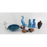 A group of Chinese collectables to include two blue glazed Dogs of Fo, a cloisonne vase, blue glazed