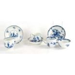Three 18th century blue and white Worcester coffee cans and saucers, one depicting Chinese