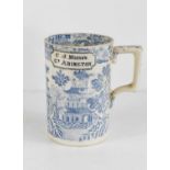 A 19th century blue and white Chinoiserie decorated tankard to CJ Misson of Gt Abington,