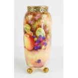 A Royal Worcester cylindrical vase painted with fruit to a mossy ground, by Leaman, 23cm high. A/