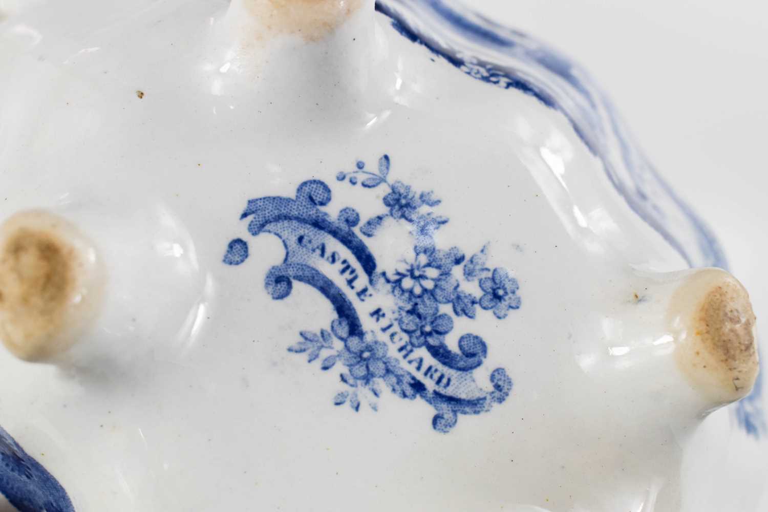 A small 19th century blue and white tureen with dish depicting Castle Richard, and a ladel with - Image 3 of 3