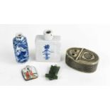 A selection of Chinese collectables to include two blue and white scent bottles, a metal snuff