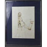 John Cooke (20th century): young girl seated on stool, pen and wash, with white chalk highlights,