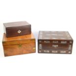 A Victorian rosewood workbox with inlaid mother of pearl decoration, together with a rosewood sewing