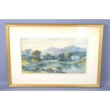 Alfred Coleman (1890—1952) A framed watercolour depicting figures fishing on a river.