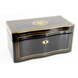 A 19th century Dutch ebonised boulework tea caddy, the serpentine front inlaid with brass stringing,