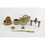 A group of Trench art and brass ware to include a brass officers cap ash tray, a copper hat made