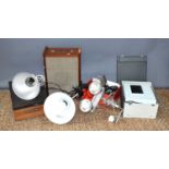 A vintage Philips 4307 reel to reel tape recorder together with various camera lights, projector and