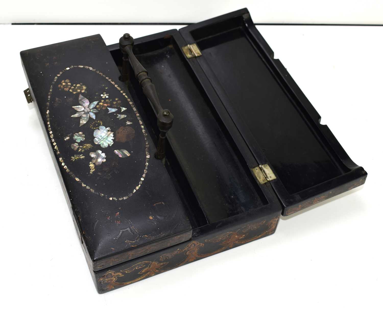 A late Victorian ebonised stationary box with mother of carrying handle and pearl inlay to the - Image 2 of 2