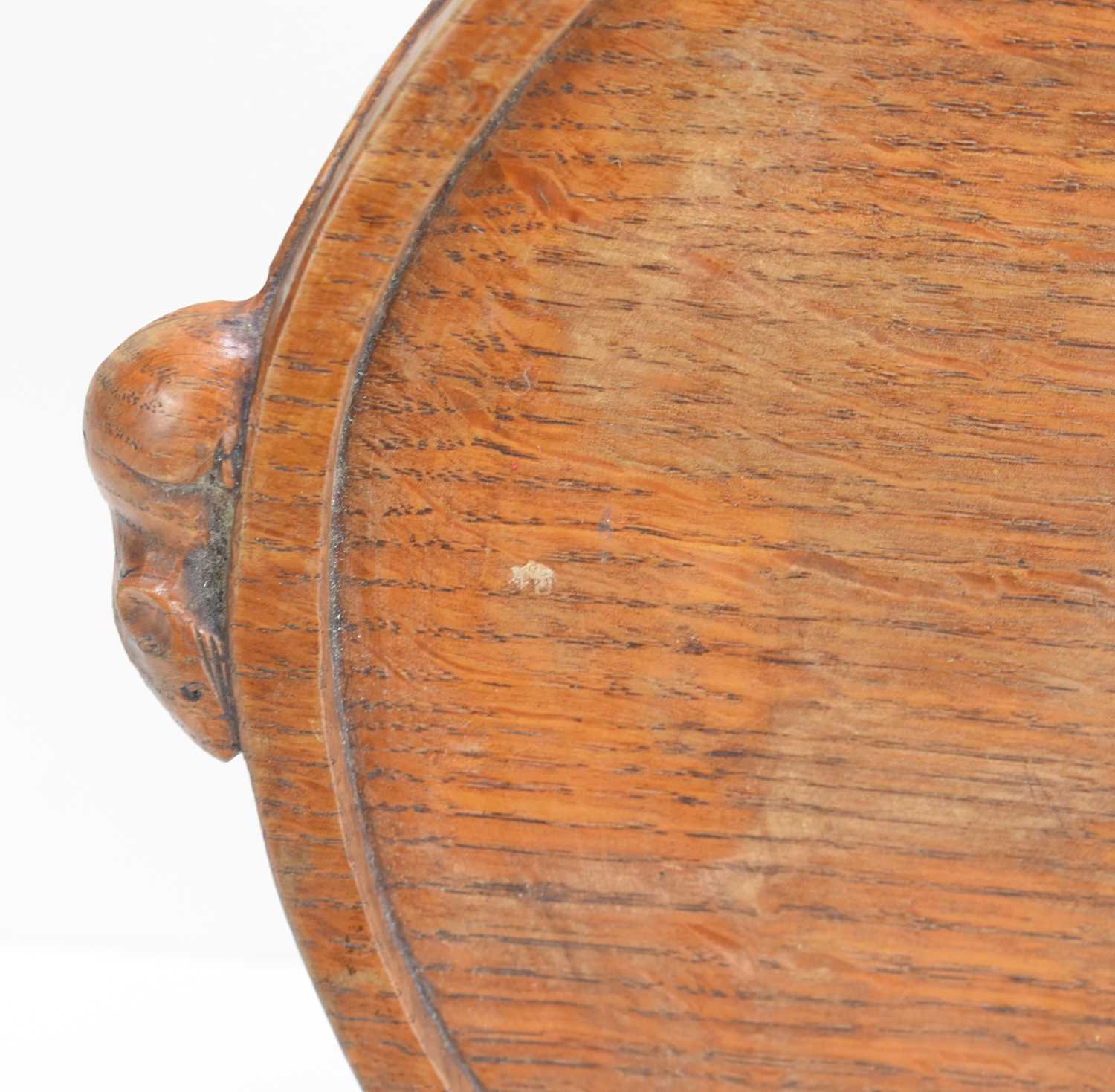 A Robert "Mouseman" Thompson oak kidney shaped tea tray, with a carved mouse to each handle, 48cm - Image 2 of 2