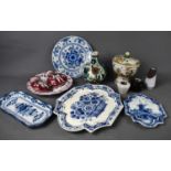 A selection of ceramics to include Delft ware, Chinese pedestal bowl and cover, a large Delft