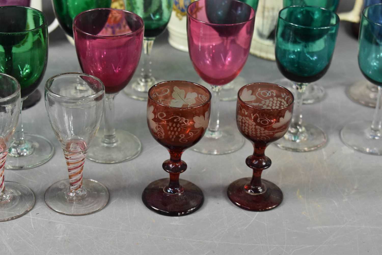 A selection of 19th century and later glassware, including three spiral twist glasses, a pair of red - Image 3 of 3