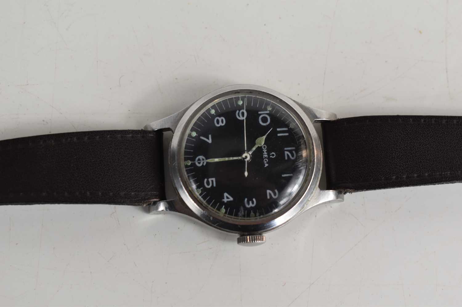 A 1950s Omega Pilots wristwatch, in stainless steel case with black dial, Arabic numeral hours and - Image 4 of 4