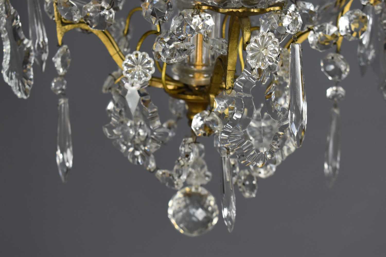 A French 1930's glass and gilt metal four branch chandelier, later refurbished the central column - Image 3 of 3