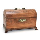 A 19th century mahogany small chest of sarcophagus form, the domed lid with swan neck handle, raised