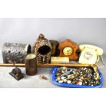 A collection of vintage buttons together with a letter press, an owl form bottle stopper, horn