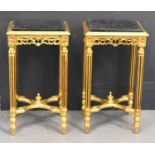 A pair of giltwood occasional tables of Neo-Classical square form, with reeded legs, quatrifoil '