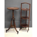 A mahogany three tier folding cake stand, 91cm high, together with a small wine table of pedestal