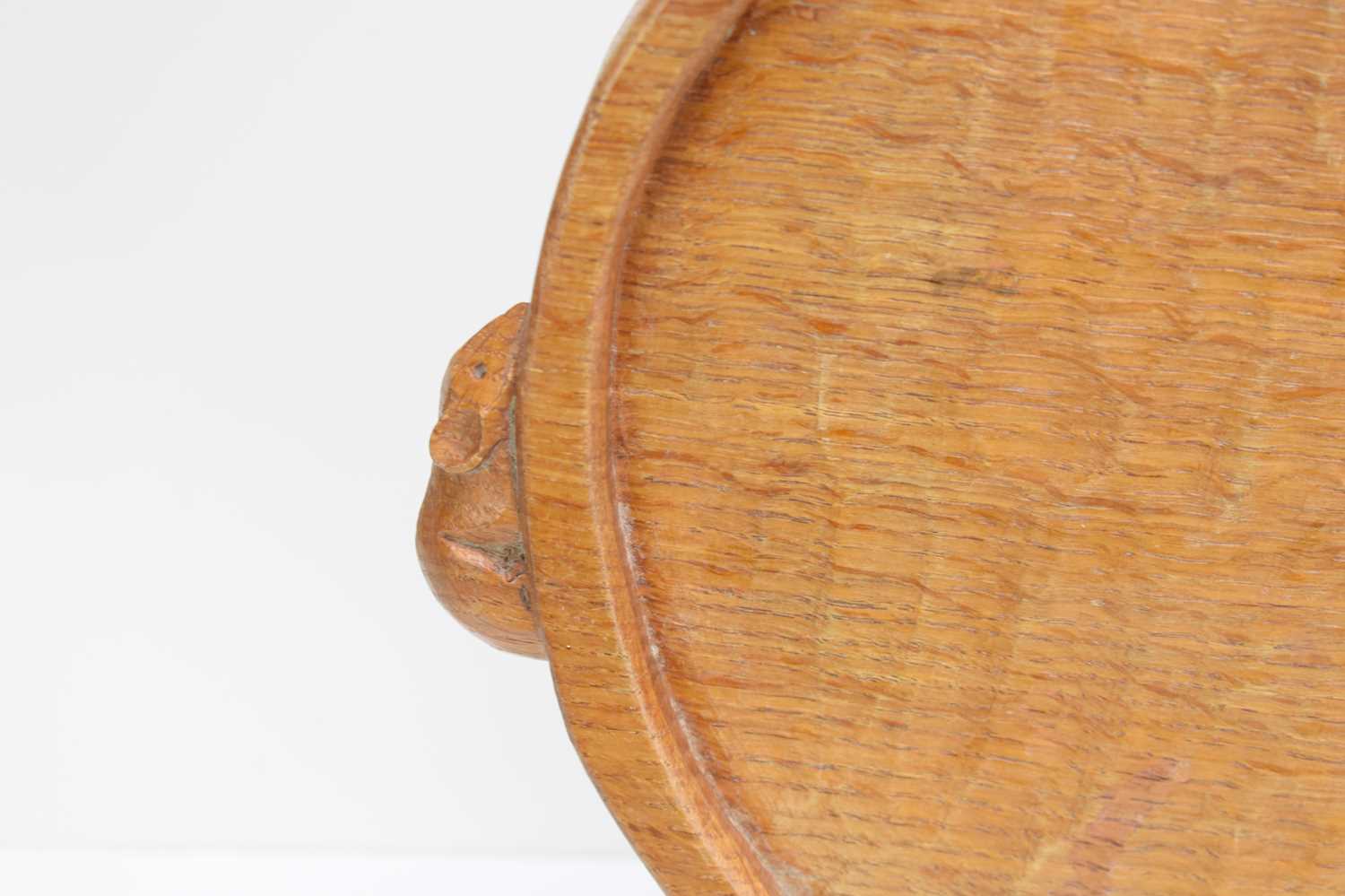 A Robert "Mouseman" Thompson oak kidney shaped tea tray, with a carved mouse to each handle, 48cm - Image 2 of 2