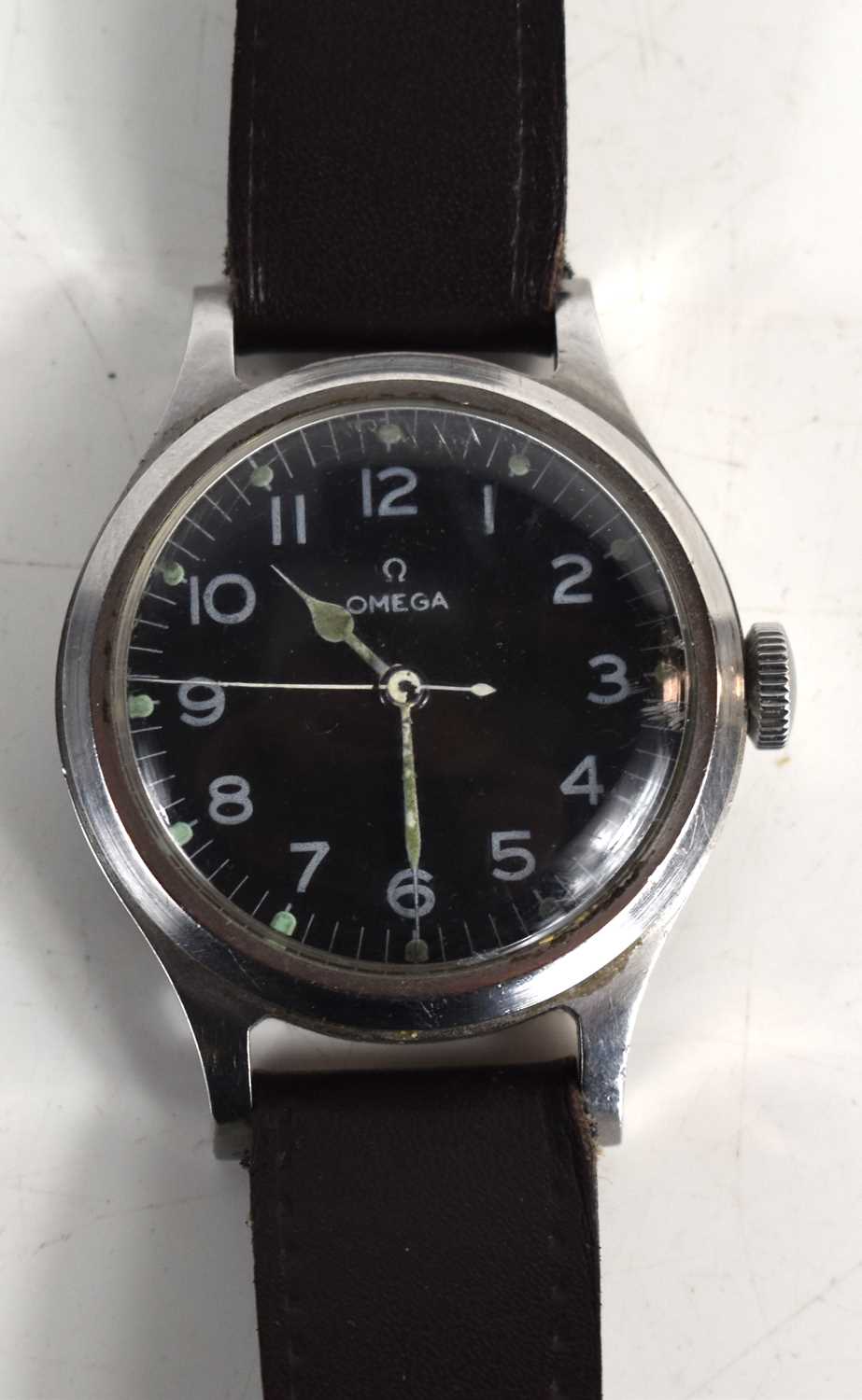 A 1950s Omega Pilots wristwatch, in stainless steel case with black dial, Arabic numeral hours and - Image 2 of 4