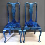 A pair of vase splat backed chairs, later painted and upholstered in metallic blue with blue Linwood