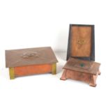 A collection of Arts and Crafts, copper wares, comprising a rectangular box of tapered form, inset