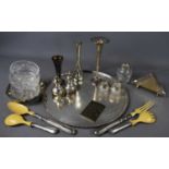 A group of silver plateware, and glass items, to include tray, bud vase, salad servers and other
