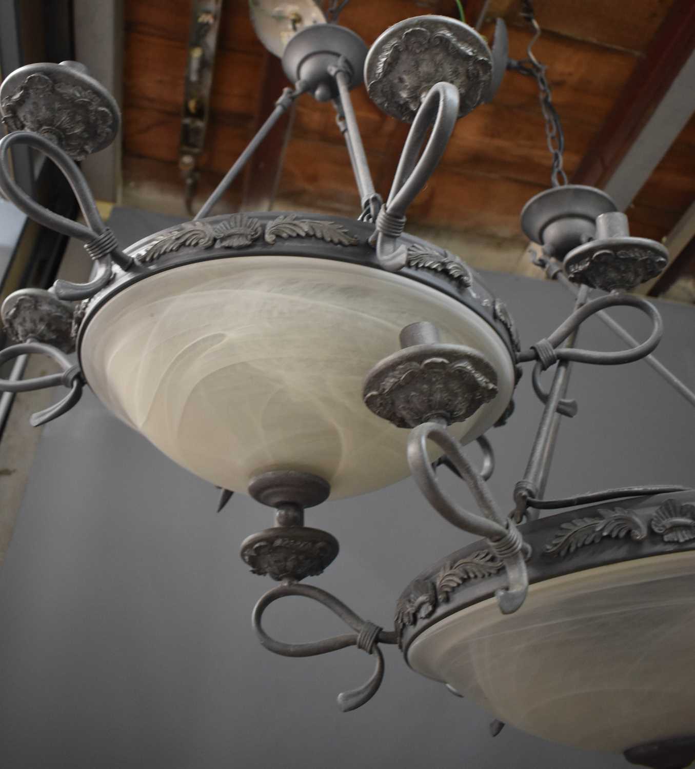 A pair of Empire style black painted metal ceiling lights, with opaque domed shades and six - Image 3 of 3