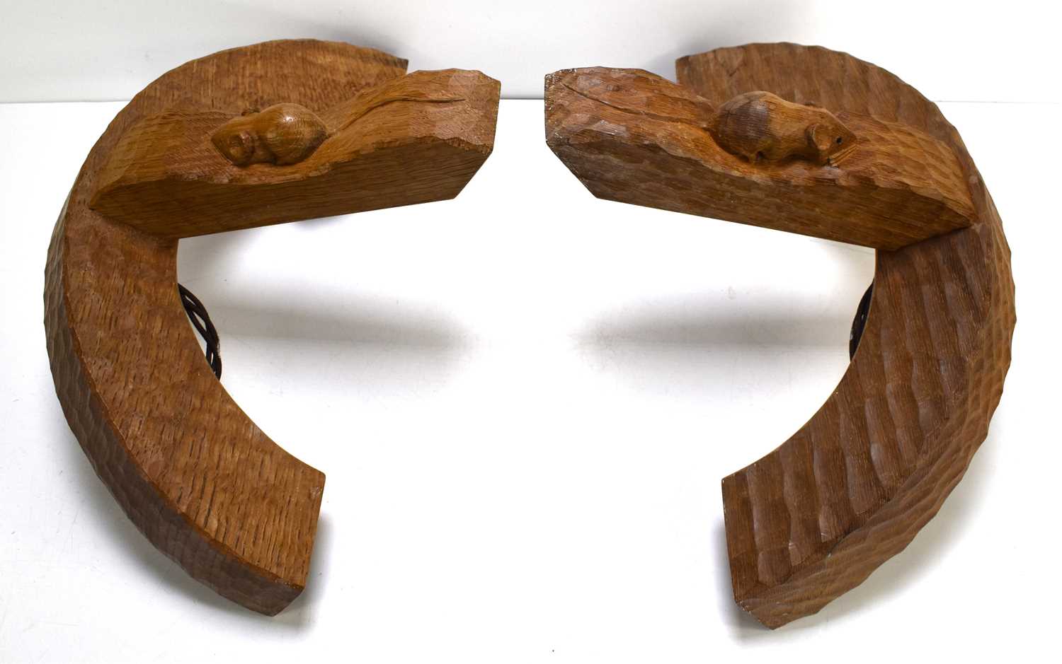 A pair of Robert "Mouseman" Thompson oak twin wall lights with carved mouse trademark to each - Image 3 of 3