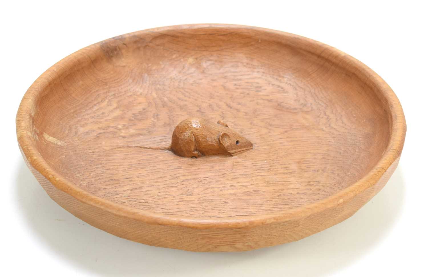 A Robert "Mouseman" Thompson oak fruit bowl with a carved mouse to the centre of the bowl, 29cm