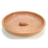 A Robert "Mouseman" Thompson oak fruit bowl with a carved mouse to the centre of the bowl, 29cm