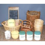 A group of wicker baskets together with a quantity of kitchenallia to include enamel milk pail,