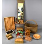A collection of treen to include Telegraph money box, bowl, Chinese wall hanging and other items.