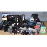 A large group of vintage cameras, camcorders and other equipment to include a Pentax Zoom-70,