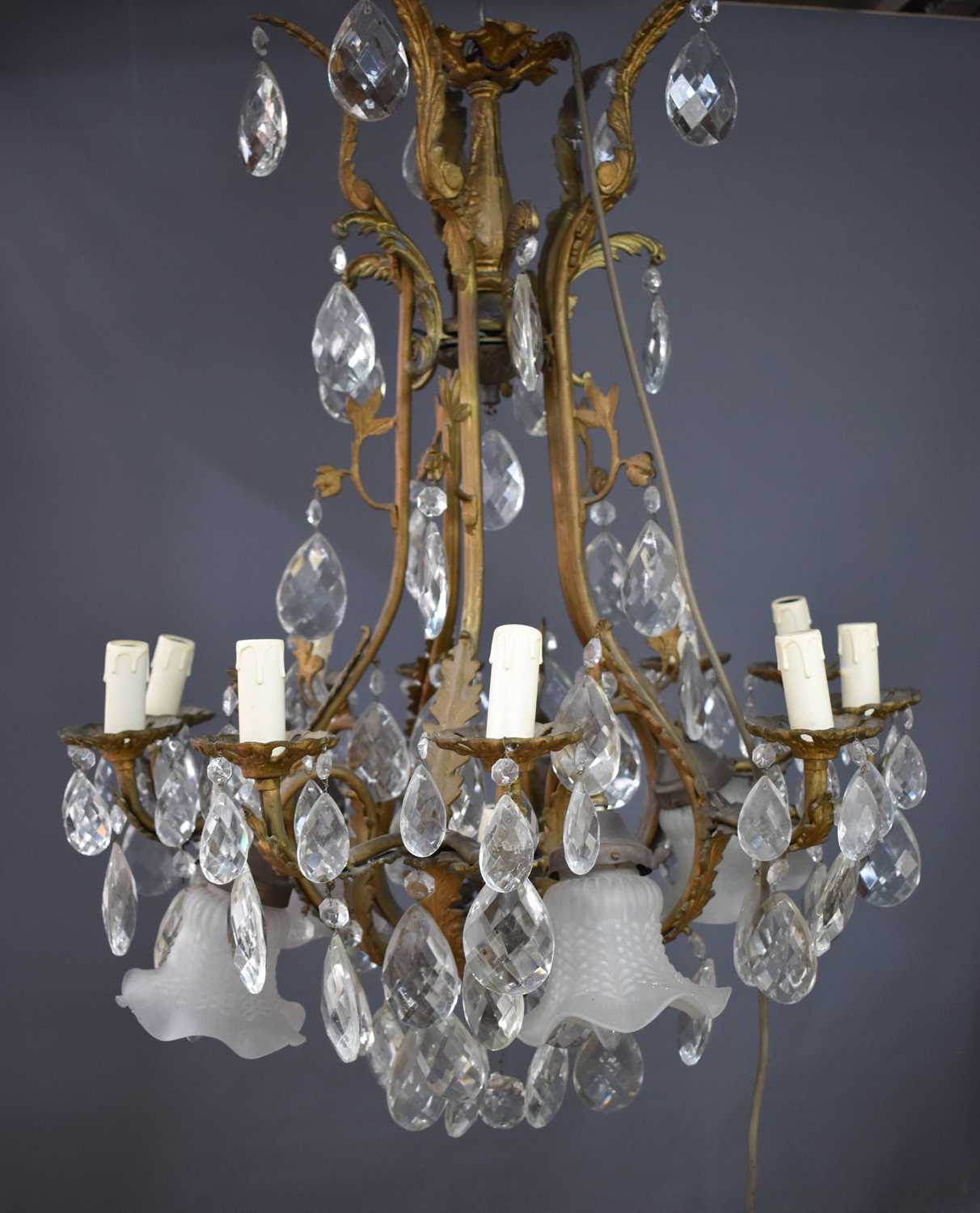 An antique French gilt brass and cut glass chandelier, the twin branches raising ten candle bulb - Image 3 of 3