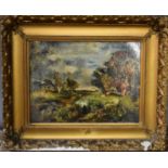 A 19th century Impressionist style oil on board, depicting cattle grazing beside a stream, unsigned,