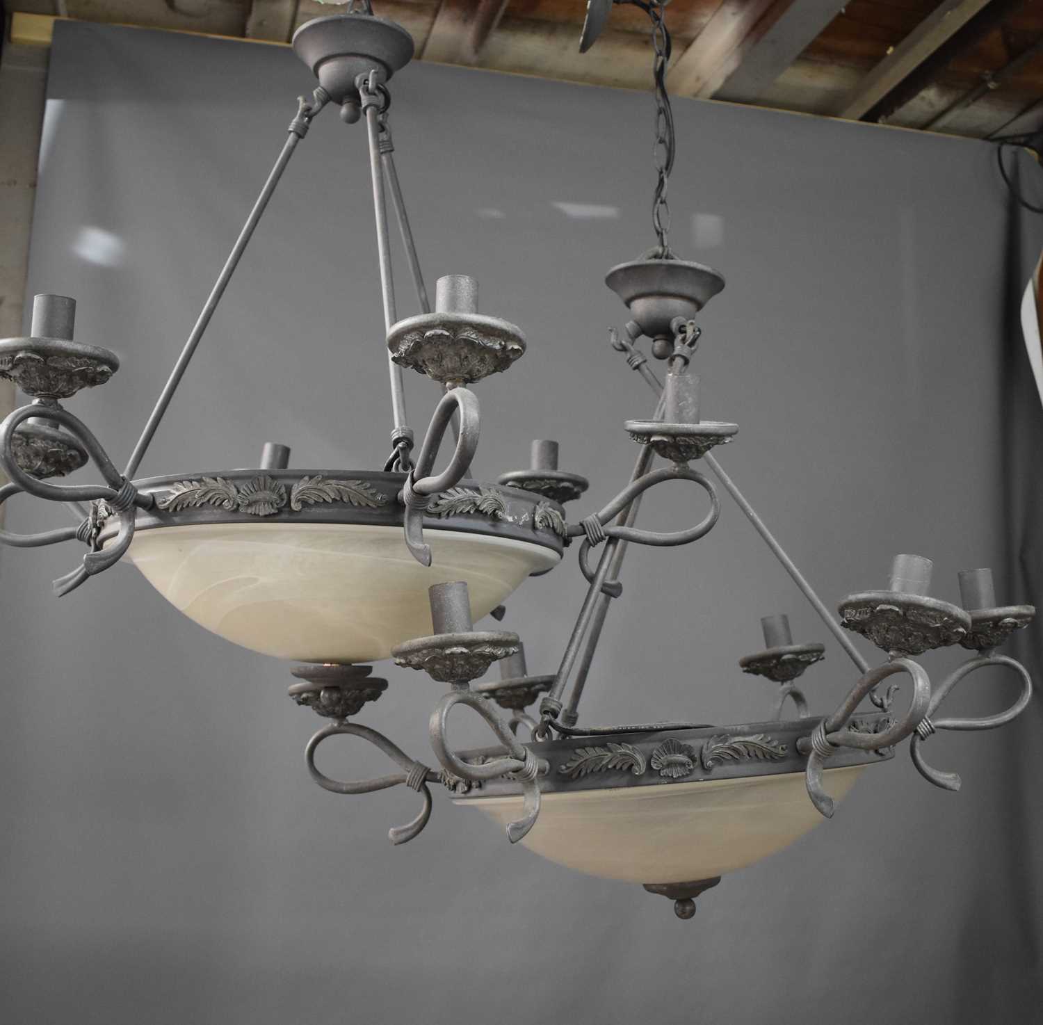 A pair of Empire style black painted metal ceiling lights, with opaque domed shades and six - Image 2 of 3
